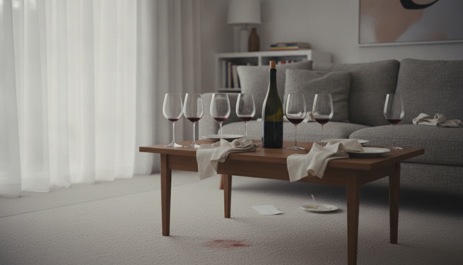 The morning after a dinner party: half-finished glasses of red wine and linen napkins on a timber coffee table, with a small wine mark on the pale living room carpet